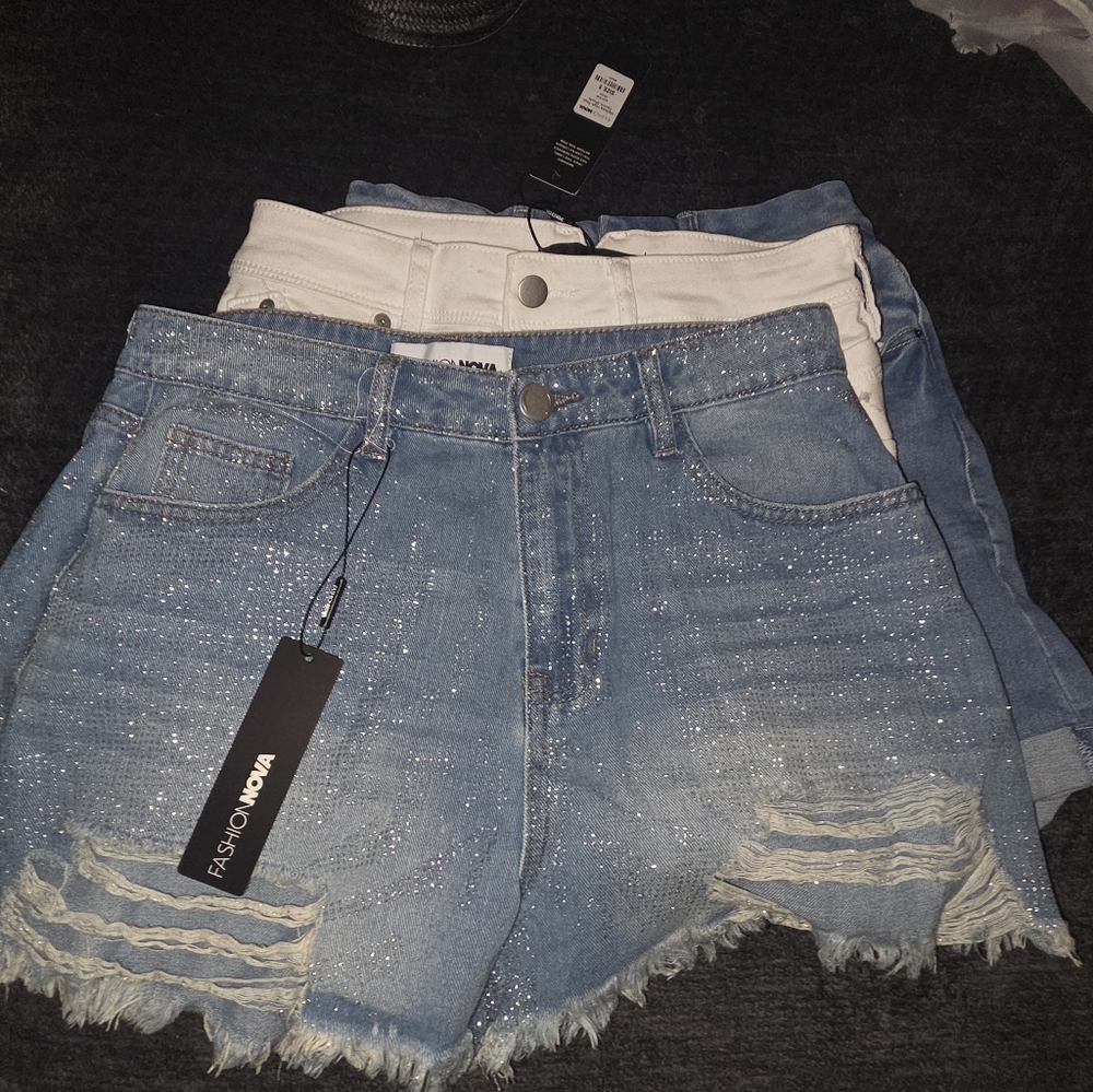 Fashion Nova Women's Denim Shorts - Blue and White